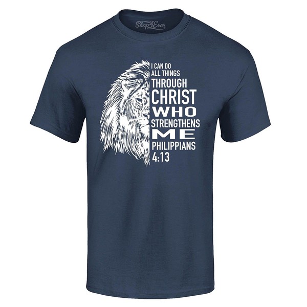 shop4ever Philippians 4:13 - playera con texto "Lion Verse I Can Do All Things Through Christ", marino, Large