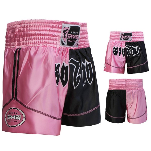 Farabi Sports Short Muay Thai MMA Kickboxing Short Arts Martiaux (S, Pink/Black)