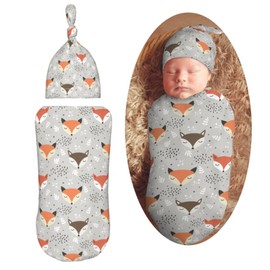 Muishi Cute Forest Fox Seamless Newborn Swaddle Blankets Hat Sets Soft Baby Receiving Blanket Swaddle Sack for Baby Shower Infant Boy Girl Gift
