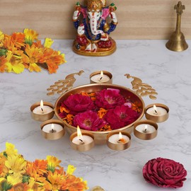 Decorative Round Peacock Shape Urli Bowl Diwali Diyas Beautiful Home Handcrafted Bowl for Floating Flowers and Tea Light Candles Home, Office and Table Decor Special for Diwali Gift - 9.5 Inches