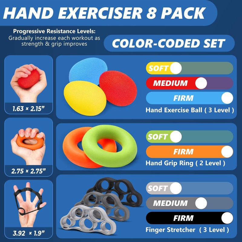 roygra Grip Strength Trainer (8 Pack), Forearm Strengthener, Stress Balls