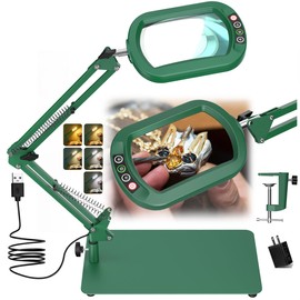 Veemagni 10X Rectangle Magnifying Glass with Light and Stand, 5 Color Modes Stepless Dimmable, 2-in-1 LED Lighted Desk Lamp & Clamp, Hands Free Magnifier for Reading Crafts Painting Close Work - Green