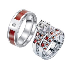 3pc Couple Ring Bridal Sets Women White Gold Plated Red Ruby Cz Man Titanium Band Wedding Ring for Him and Her