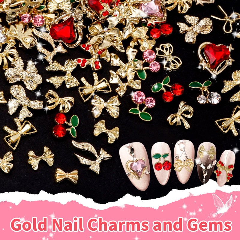 Tatiwoo 18 Styles Gold Bows Nail Charms, Cherry Heart Bow