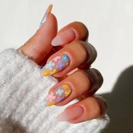 24 Stück Mandel Falsche Nägel Mittel, Farbige Blumen French Kunstnägel Nägel Zum Aufkleben Acryl Full Cover Künstliche Fingernägel, Almond Stiletto Press on Nails für Frauen und Mädchen