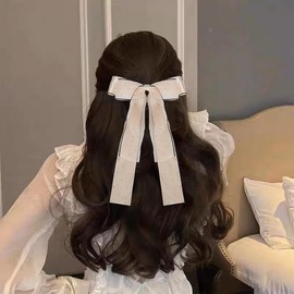 Beige Hair Bows for Girls Women Velvet Ribbon Hair Bow Clips Big Tulle Bow for Girls Hair French Barrettes for Thin Thick Hair Pin Bow Hair Accessories for Wedding Cosplay Party Decorations