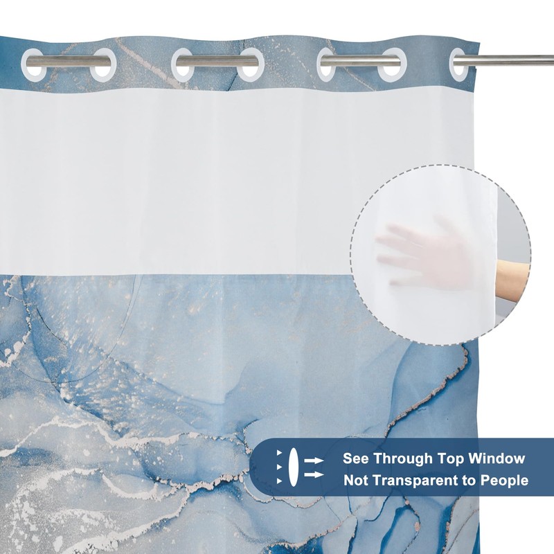 AWERT No Hook Shower Curtain with Snap in Liner Blue