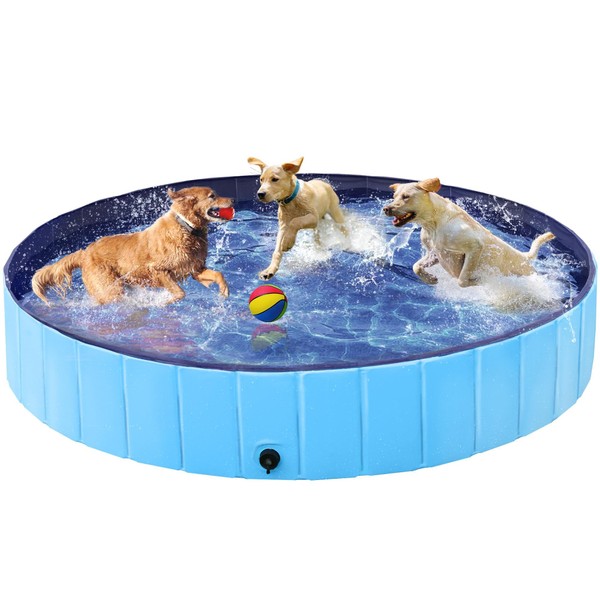 Yaheetech Foldable Dog Pool 63 x 12 Inches Collapsible Hard Plastic Pet Swimming Pool Portable Dog Bath Tub Puppy Cat Shower Pet Wading Pool for Outdoor/Indoor w/Pet Brush&Repair Patches, Blue