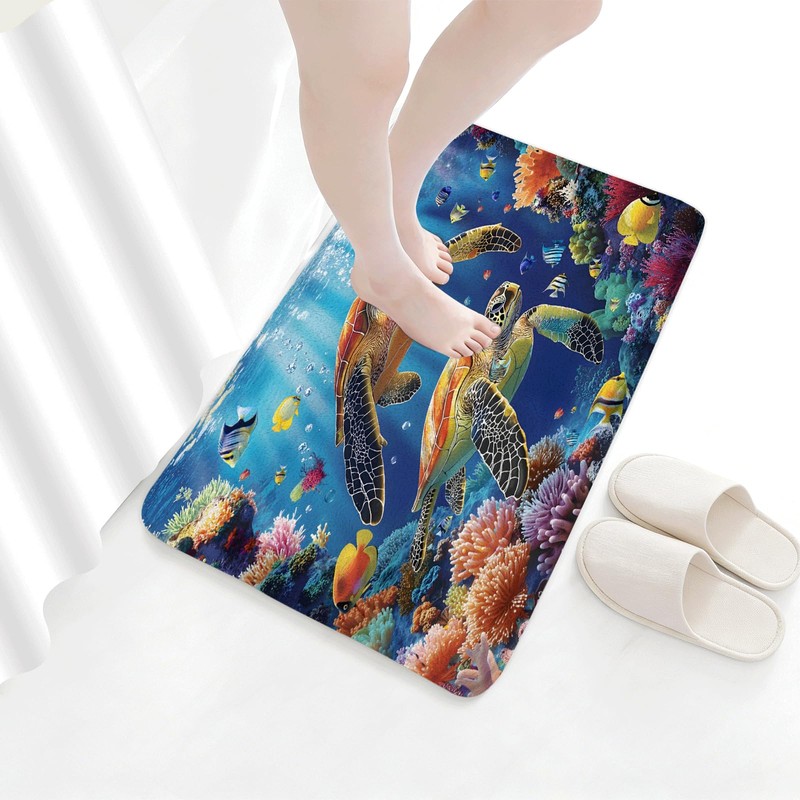 Sea Turtle Bath Mat, Blue Underwater World Tropical, 17.8x29.5 Inch