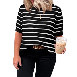 Eytino Plus Size Tops for Women Short Sleeve Round Neck Striped Pullover Tops Ribbed Knit Sweater Blouse,4X White