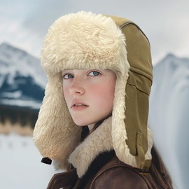 Clakllie Warm Trapper Ear Flaps Hats Russian Fur Hat Trooper Snow Hat Unisex Full Cover Winter Thermal Hats Ski Cap,PL2404-Khaki