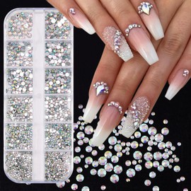 12 Grid 3D Shiny Crystals White Nail Flatback Rhinestones Glitter Silver White Multi Shapes Nail Charms Silver Rhinestones Gems Round Diamond Cute Mini Nail gems Nail Decoration for Nail Art Charm