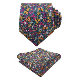 Alizeal Mens Light Colored Floral Necktie and Pocket Square Small Flower Colorful Wedding Party Tie Set, Teal+Orange+Magenta