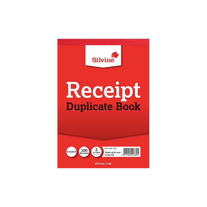 Silvine Duplicate Receipt Book - 100 Receipts per Book, Gummed
