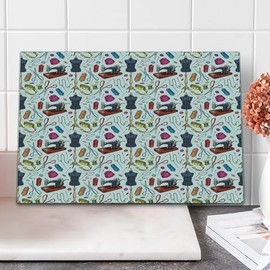 Lunarable Fashion Cutting Board, Pattern with Cartoon Tailoring Equipment as Sewing Machine Thread and Tape Measure, Decorative Tempered Glass Cutting and Serving Board, Large Size, Multicolor