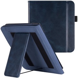 LaoShuSheng Stand Case for 7" Kobo Libra Colour (Model N428) / Kobo Libra 2 / H2O (Model N418 / N873) - PU Leather Book Folio Sleeve Cover with Two Hand Straps and Auto Sleep/Wake (Dark Blue)