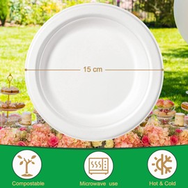 GREENESAGE Rigid 6 inch 100 Pack Heavy Duty Disposable Paper White Plates Sugarcane Small Disposable Plates Strong Dishes for Picnic Wedding Party BBQ