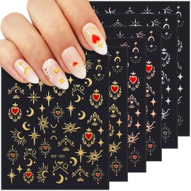 HINZIC 9 Sheets Sun Nail Art Stickers Bronzing Moon Star Nail Decals 3D Self-Adhesive Heart Nail Designs for Women DIY French Nail Accessories(Gold Silver Rose Gold)