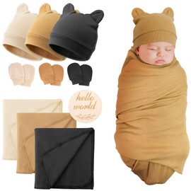 DRESHOW Newborn Baby Blanket Soft Swaddle Blankets for Infant Swaddling Receiving Warm Wraps with Bear Ear Hat Headband with Gloves