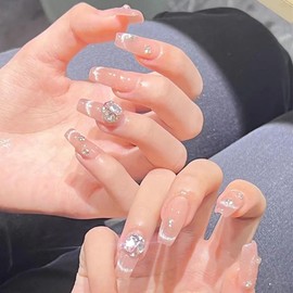 Long Square Press on Nails Coffin Fake Nails Glossy Glue on Nails White French Tip Acrylic Nails Bling Glitter Artificial Nails Pearl Flower with Rhinestone Design 24 pcs (Medium 2)