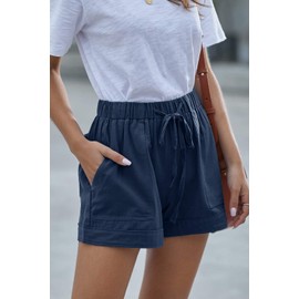 FANGJIN Women's Summer Shorts Drawstring Wide Leg Elastic Waist Pocket Shorts, B01 Navy Blue, S