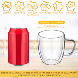 Patelai Glass Coffee Mugs Set of 6, 16 oz Clear Double Walled Coffee Cups Glasses Insulated Latte Mugs with Handle Espresso Clear Cups for Hot and Cold Beverages