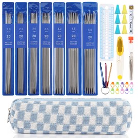Aeelike Short Double Pointed Knitting Needles Set, 20 cm Metal Double Ended Knitting Needles Starter Kit, 2.0-5.0 mm Lightweight DPNs Knitting Pin Set for Beginners, Knitting Sock on Straight Needles