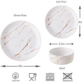Pokini White Gold Splash Dinnerware Sets, 12 Pieces Fine China Marble Plates and Bowls Sets, Modern Porcelain Dish Set for 4, Luxury Dinner Set for Formal Dinners and Weddings