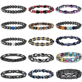 KALVICA 15 Pcs Bead Bracelet for Men Women Natural Stone Bracelet Stretch Bracelet Hematite Bracelets Triple Protection Bracelets 21.8 cm