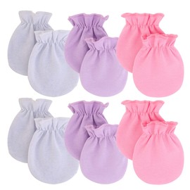 Newborn Baby Unisex Baby Mittens, No-scratch Mitts, 100% Organic Cotton,No Scratch Infant Gloves Mitten for Baby,Set of 6 Gloves(White & Pink & Purple)