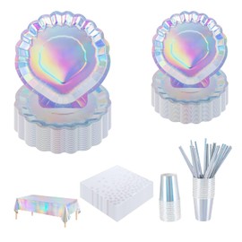 CEILIWEN 126PCS Silver Seashell Party Tableware Set for 25 Guests – 9'' & 7'' Paper Plate, Cup, Napkin, Straw, Tablecloth – Iridescent Birthday/Baby Shower/Mermaid Party/Under The Sea Celebration