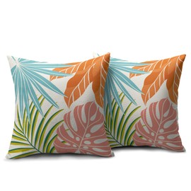 Summer Tropical Leaf Pillow Covers 18x18 Set of 2 Pink Blue Orange Green Leaves Print Decorative Throw Pillows Outdoor Rustic Seasonal Farmhouse Pillowcases Cushion Case Decor for Home Sofa Couch Bed