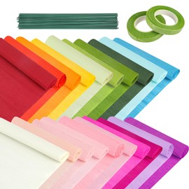 72Pcs Crepe Paper Flower DIY Kits, 20 Colors Crepe Paper Rolls 8.2ft Long 9.84 Inch Wide, 50 Pcs Green Floral Iron Wire and 2 Roll Green Tape for Birthday Parties Weddings Festival Decoration
