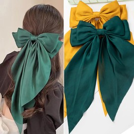 Seneeel Hair Bows 2 PCS, Hair Bows for Women, Oversized Long-tail Cute Aesthetic Hair Accessories, Large Hair Barrettes for Women, Big Bows for Girls (Dark green, Bright yellow)