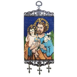 Needzo Saint St Joseph Tapestry Icon Banner 9 3/4 Inch - with 3 Metal Hanging Crosses Wall Hanging Room Decor