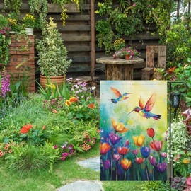 Wodison Spring Summer Garden Flag 12x18 Inch Double Sided Outside, Tulips Floral Hummingbird Spring Welcome Yard Outdoor Flag