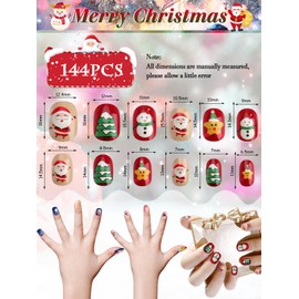 Kalolary 144pcs Christmas Children's False Nails Press on Nail, Children's Full Cover Short False Fingernails 3D Santa Claus Snowman Christmas Tree for Girls Children Nail Art Decoration