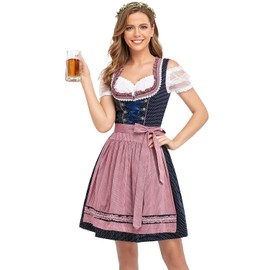 HiZiTi Oktoberfest Costumes Women Dirndl Dresses 3 Pcs German Oktoberfest Dresses Bavarian Costume Beer Carnival Outfits with Blue Dirndl Dress White Blouse Pink Detachable Apron S