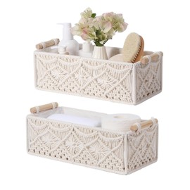 Nonam Macrame Storage Baskets, Boho Decor Style Woven Storage Boxes for Home Organization, Toilet Tank Shelf Cabinet Organizer Baskets,Set of 2-Weave White