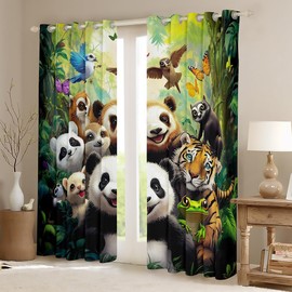 Loussiesd Panada Animal Curtains 245 x 140 cm for Boys Girls Teenagers Wild Animals Window Curtain Decorative Light Green Curtains Room Decoration Opaque Curtains
