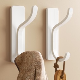 pickpiff Adhesive Wall Coat Hooks - Heavy Duty Stick-On Door Hanger, Metal Hook for Hanging Towel,Purse, Robe, Backpack, Jacket, Clothes - for Bathroom,Dorm, Closet, Kitchen - White, 2 Pack
