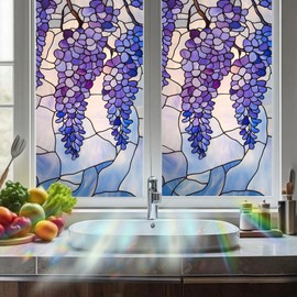 Nuxovilar Blue-Purple Wisteria Window Film, 17.7×39.4inch Hanging Flower Cluster Stained Glass Pattern, PVC Static Cling for Living Room/Bedroom Romantic Decor (Sparkle)