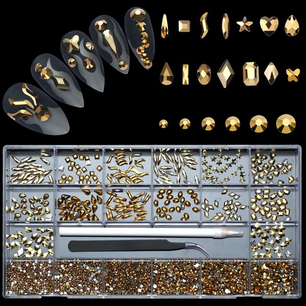 Nibiru 3830Pcs Gold Multi Shapes Rhinestones Glass Gemstones Kit for Nail Art Jewels Decoration,Sparkly Flatback Mix Size with Wax Pen