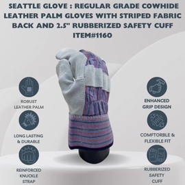 Seattle Glove 1160-M Regular Grade Leather Work Gloves, Lined Palm, 2.5"" Rubberized Safety Cuff, Size Medium - Pack of 12, Gray