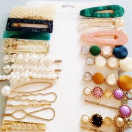 Fashion Hair Clips Set 24 Pcs Pearls Hair Clips Acrylic Resin Hair Barrettes Handmade Hair Barrettes,Glitter Crystal Geometric Hairpin, Elegant Gold Hair Accessories,Ladies Headwear Styling Tools