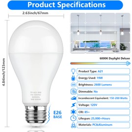 MAXvolador A21 LED Light Bulbs, 150 Watt Equivalent, Cool White 6000K, 2600 Lumens, E26 Base, Non-Dimmable, 19W Light Bulbs, Pack of 6