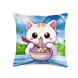 Frutiger Aero Aesthetic Tech Kawaii Ramen Cat Fishes Throw Pillow