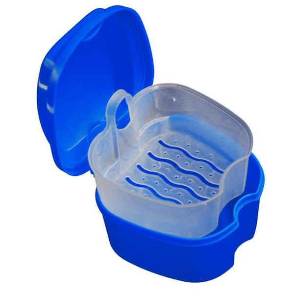 KISEER Denture Bath Case Cup Box Holder Storage Soak Container with Strainer Basket for Travel Cleaning (Blue)
