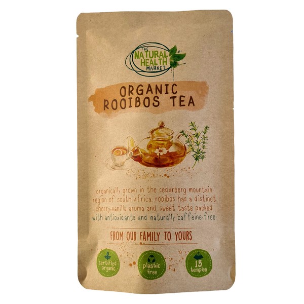 Organic Rooibos Tea aka Redbush Tea By The Natural Health Market - Plastic Free - Plant-Based Pyramid Tea Bag - Recyclable 100% Paper Outer Packaging (15 Tea Bags)