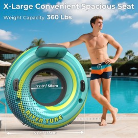 53" Heavy Duty River Tube Float for Adults, Inflatable River Raft Float for Pool Lake Beach w/Built-in Cup Holders, Ergonomic Backrest, Durable Grip Handles & Grab Rope, 360Lb Weight Capacity-2 Pack